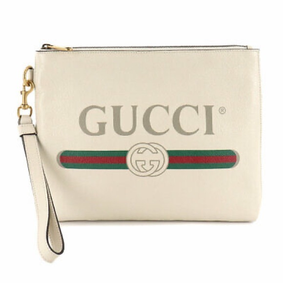 GUCCI Logo Print Clutch Bag Leather White 572770 527066 - Picture 1 of 8
